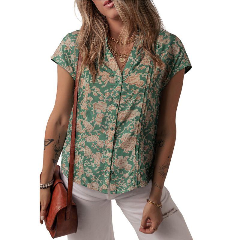 

American Shiying Floral Print V-neck Short sleeve Shirts Women 2025 Summer New Retro Single-Breasted Shirt Green S code fits (45.00 kg-55.00 kg