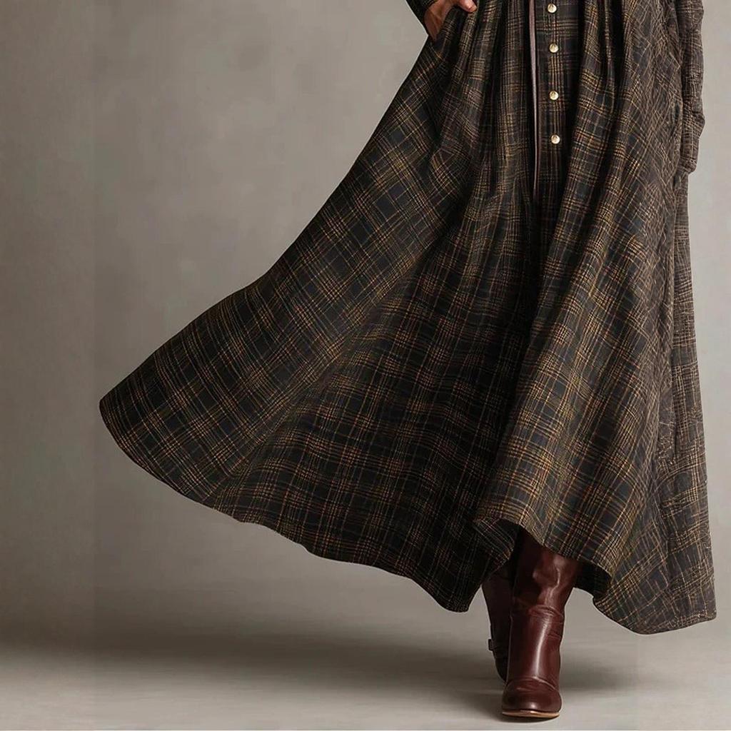 Damen kariertes Hemdblusenkleid, V-Ausschnitt, einreihig, mit Schlitz, Maxikleid