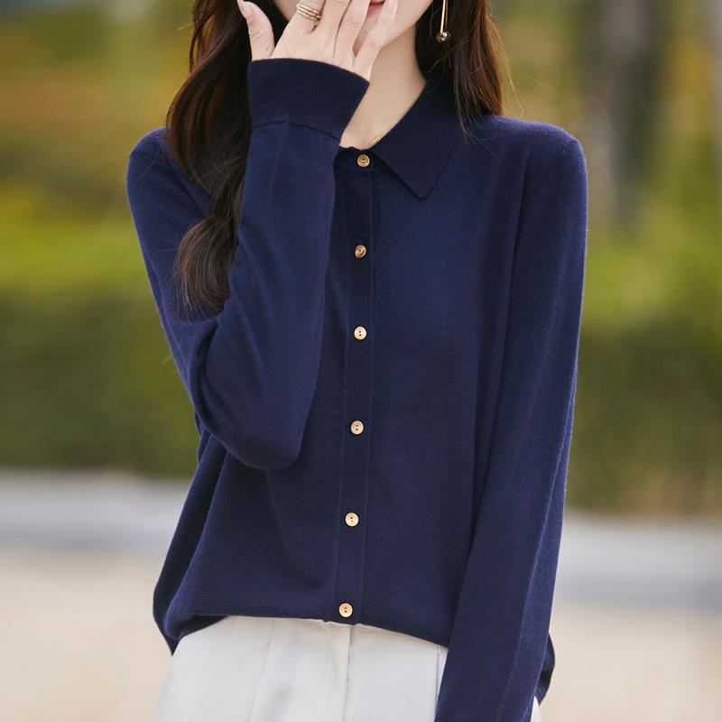 Polo Collar Knitted Cardigan: Slim Fit, Solid Color, Versatile for Spring & Autumn Women's Business Casual Wear