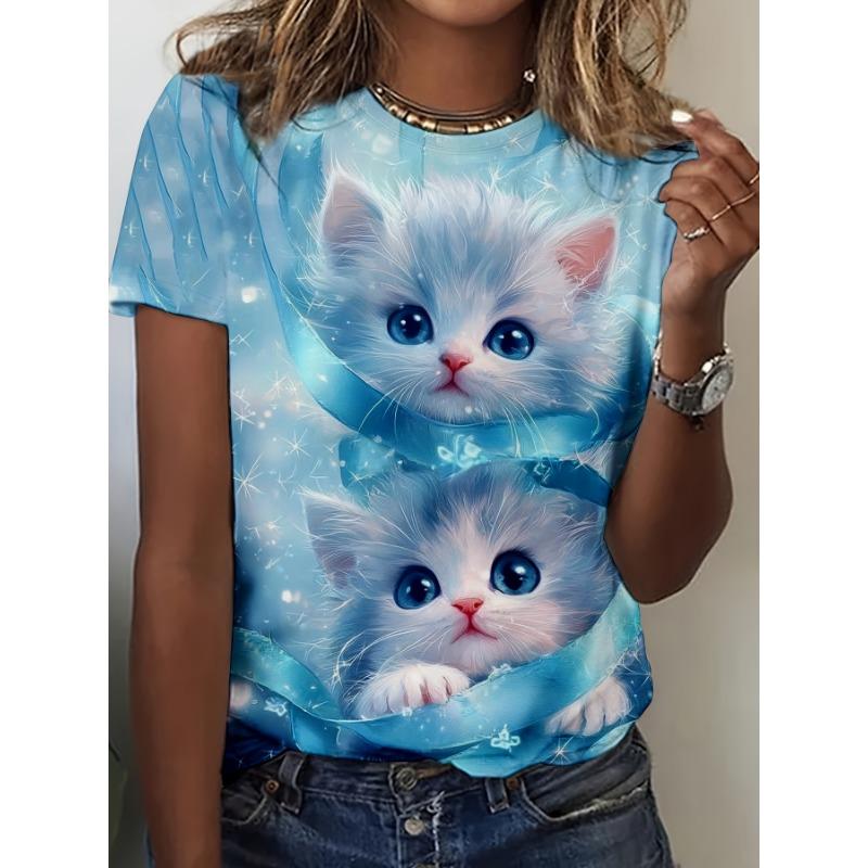 Versatile Double Cat Printed T-shirt | Comfortable Skin-Friendly Soft Fabric, Street Style, Crew Neck, Short Sleeve, All-Season Sport Athleisure S