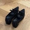 Pointed inner heightening Mary Jane shoes women's rhinestone satin shoes thick heel ballet shoes