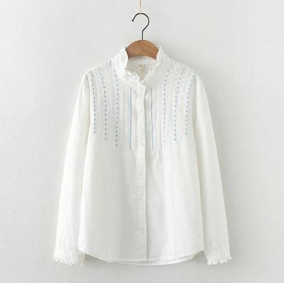 Ladies Embroidery Cotton White Shirt Spring and Autumn New Lace Shirt