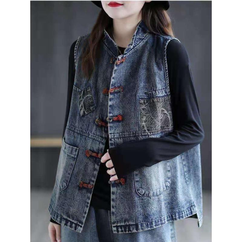 Gilet di Jeans Vintage da Donna Vestibilità Ampia Ricamo Abbottonatura Frontale Capispalla Casual