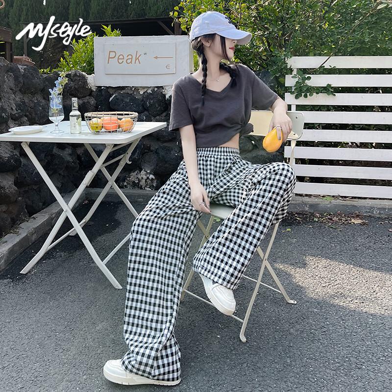 MJ STYLE Women's 2025 New Summer High-Waist Plaid Wide-Leg Casual Pants