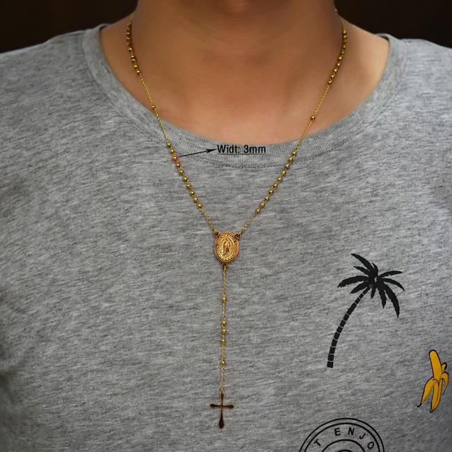 Edelstahl Rosenkranz Halskette für Männer Frauen Religiös Kugelkette Christliches Münz Kreuz Anhänger Jesus Schmuck Zubehör