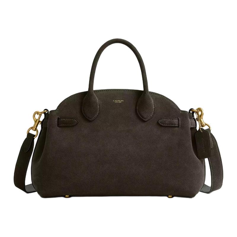 

COACH Soft Empire 28 Gold Hardware Letter Logo Suede and Calfskin Shoulder Handbag Large Women s Olive золотий