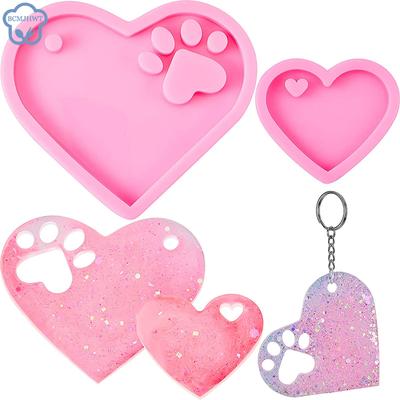 2pcs Heart Silicone Mold Heart Paw Keychain Pendant Moulds With 2pcs Key Rings For Diy Chocolate Candy Cake Topper Decoration