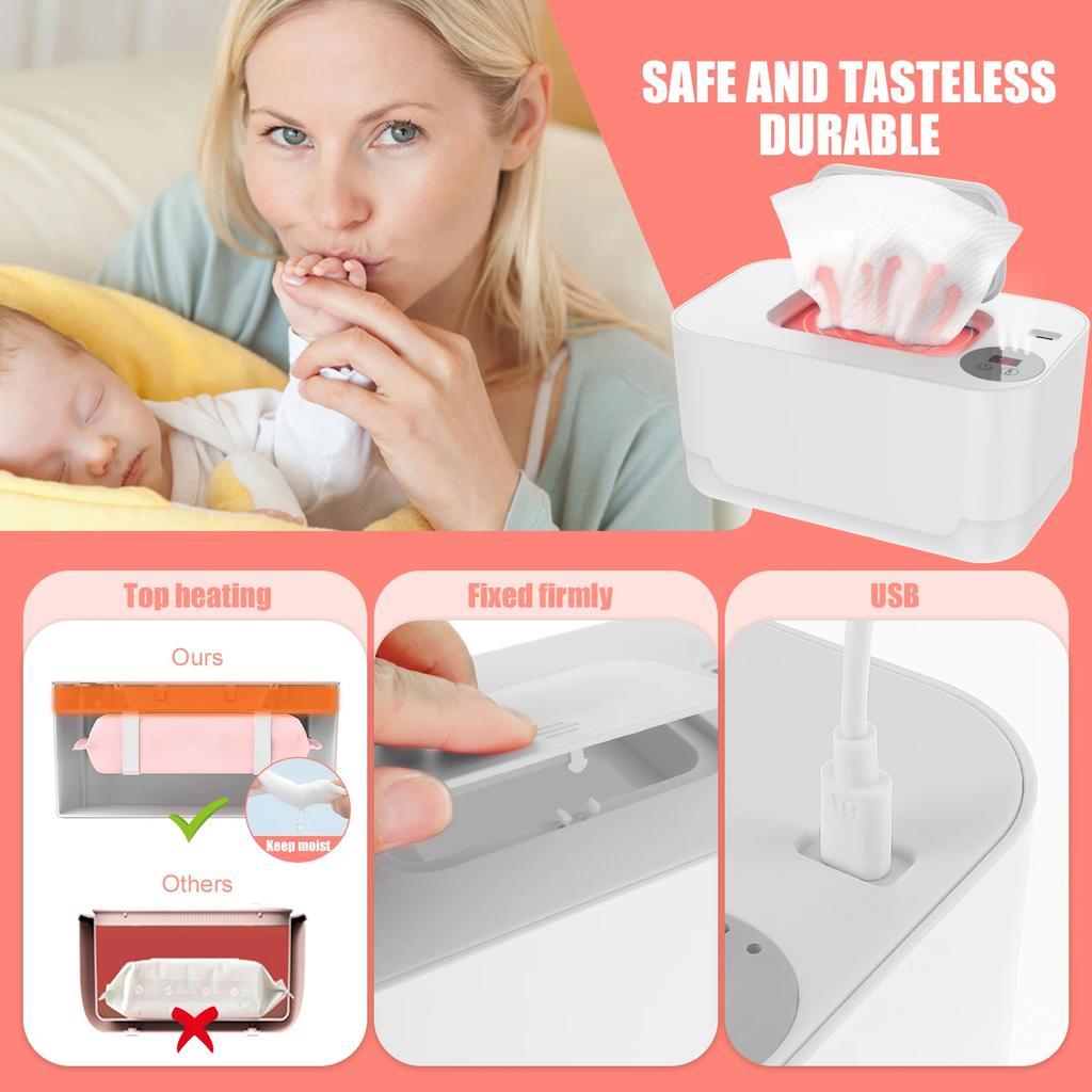 USB Baby Wipe Warmer LED Light Wet Wipes Keep Warm Storage Tissue Box Adjustable Temperature Heating Portable Diaper Dispenser