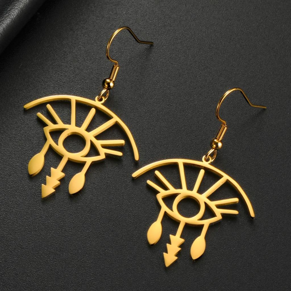 LIKGREAT Gothic Evil Eye Earring Stainless Steel Sun Eyes Drop Hoop Earrings Punk Hiphop Jewelry Amulet Gift for Women