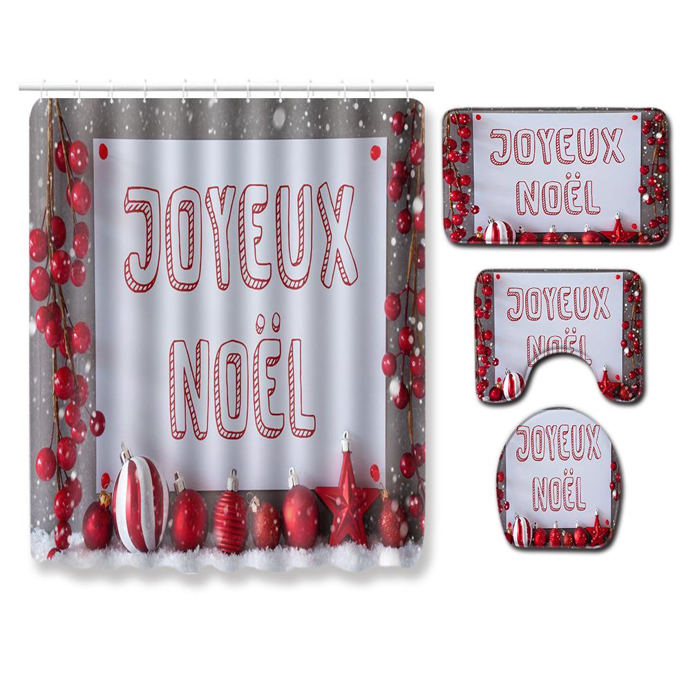 Christmas Shower Curtain Floor Mat Combination Four-Piece Set Bathroom Toilet Carpet Shower Room Mat Foot Mat