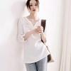 WTEMPO Spring Summer V-neck Embroidered Mixed Cotton Linen Shirts for Women White Seven Quarter Sleeve Loose Fitting Casual Tops