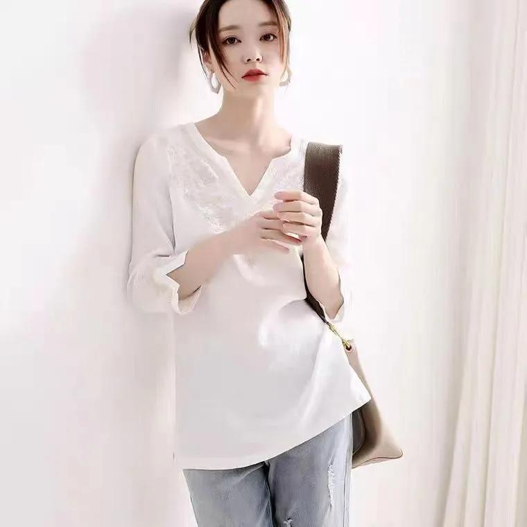 WTEMPO Spring Summer V-neck Embroidered Mixed Cotton Linen Shirts for Women White Seven Quarter Sleeve Loose Fitting Casual Tops