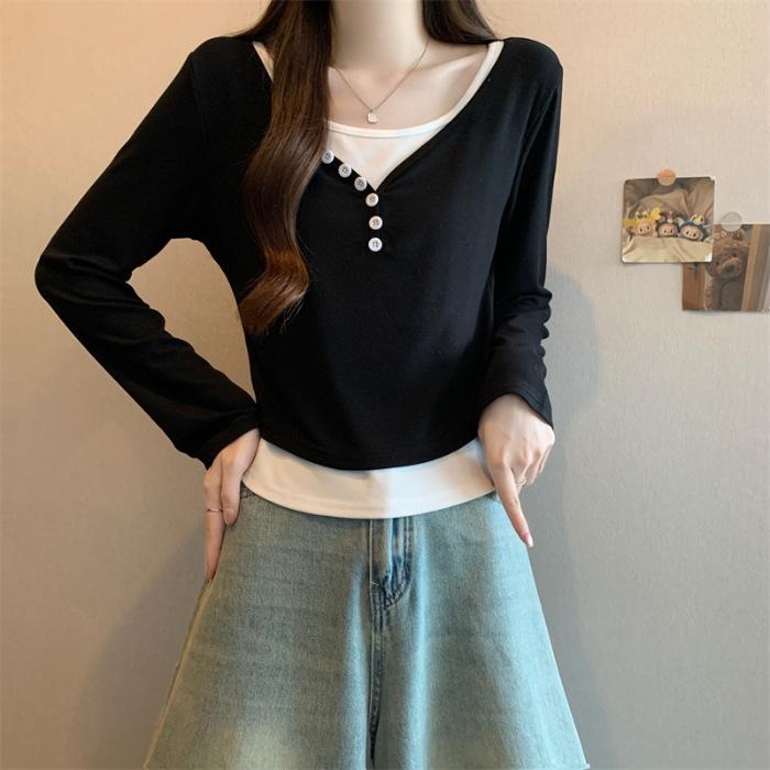 Base Layer Women's Outerwear Inner Wear with High-end and Unique Buttoned T-shirt Long-sleeved Color-matched Fake Two-piece Top