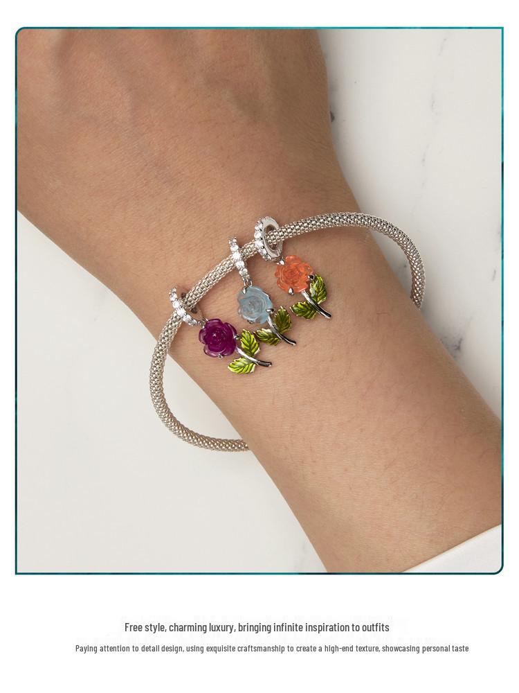Yinziyun S925 Silver Rose Pendant with UV Color-Changing Flower Beads for DIY Bracelet