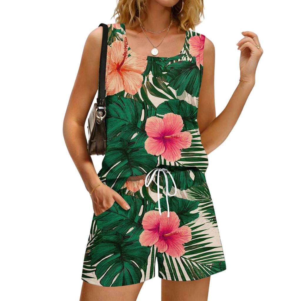 Women's Summer Casual Floral Print Tank Top Square Neck Sleeveless Athletic Shirt with Pockets and Matching Shorts Set