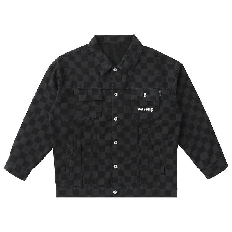 

Wassup Trendy Retro Denim Plaid Jacket for Men, Spring and Autumn Korean Style Slim Fit Letter Graphic Casual Jacket for Women Black X L
