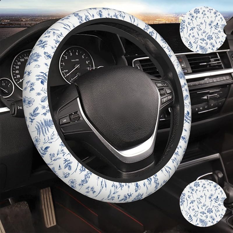 Vintage Blue Flower Steering Wheel Cover Car Decor Vintage Blue Flower