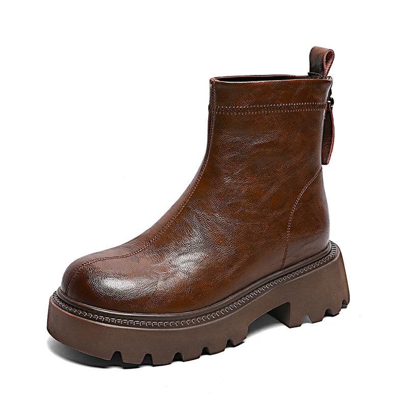 Plateau-Martinschuhe Damen Herbst und Winter Schwarze Lederstiefel Kurze Stiefel Vielseitige Kleine Dünne Stiefel Innenliegende Absatzschuhe