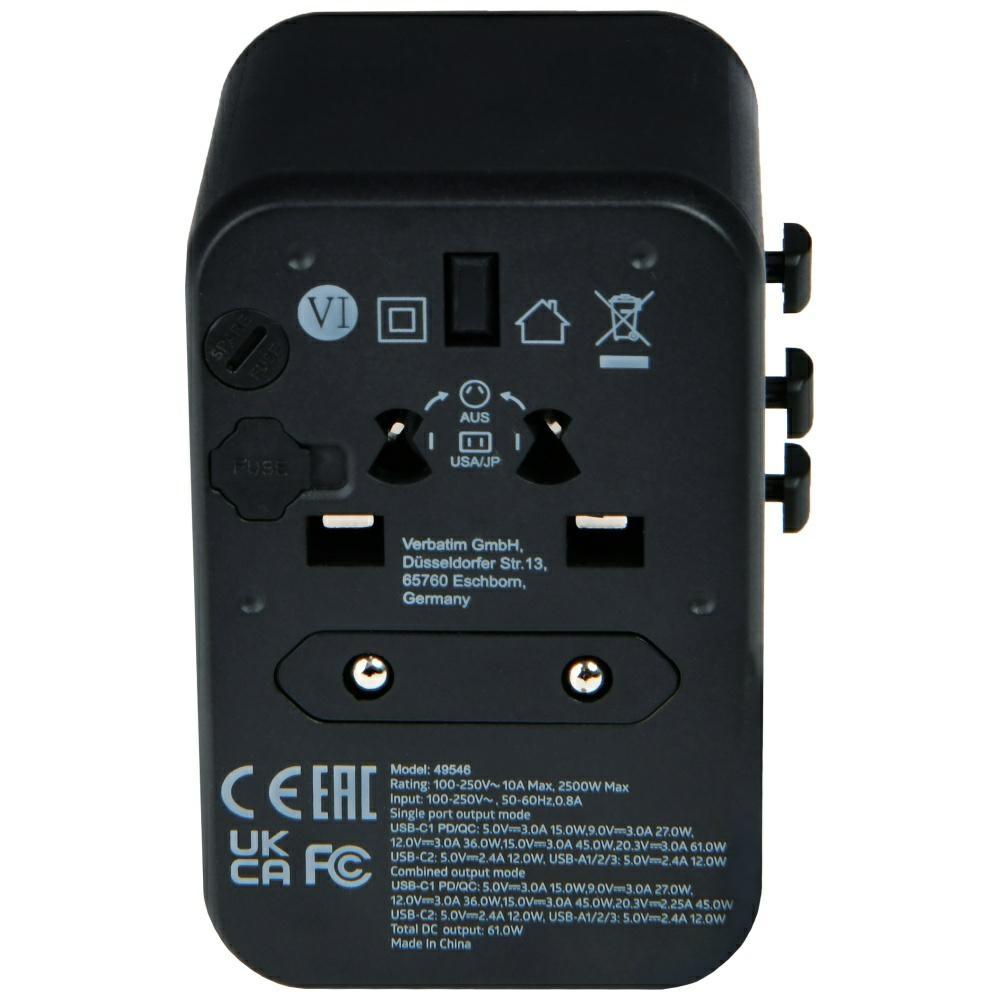 Verbatim Adapter Podróżny Eu/Uk/Us3Xusb-A/2Xusb-C Pd 61W Uta-04 Czarny/Black 49546