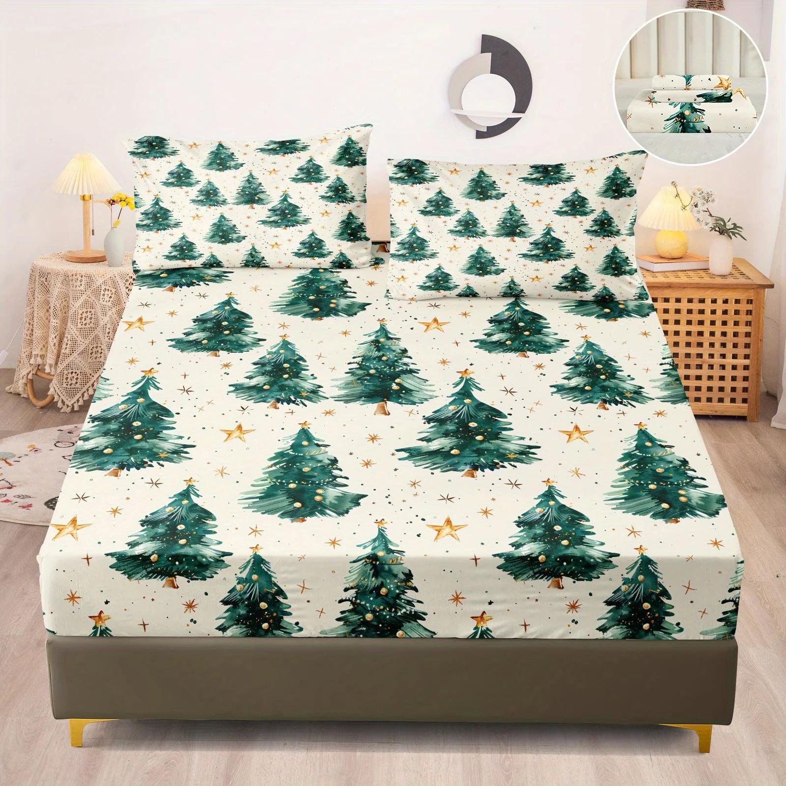 

3Pcs 85G July Chemical Fiber Polyester Starlight Christmas Tree Digital Fitted Sheet Set, Soft, Comfortable, Bed, Eight Sizes 90x190x25cm 2pcs