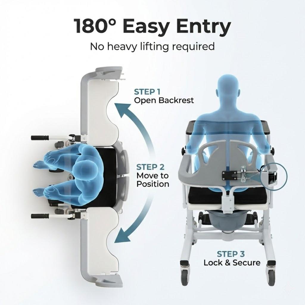 Hydraulic Transfer Chair For Elderly Disabled Home Nursing Commode Shower Wheelchair Height Adjustable 180 Degree Split Seat