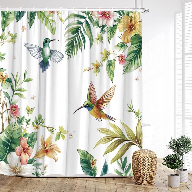 Tropical Hummingbirds Shower Curtains Green Gold Palm Monstera Leaves Flowers Bath Curtain Polyester Fabric Home Bathroom Decor