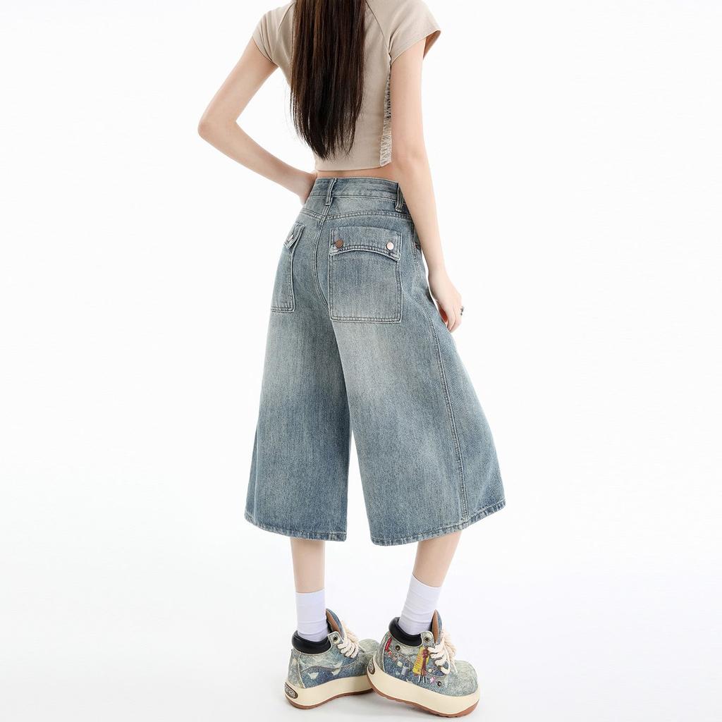 Trendy Summer Loose Fit Denim Cropped Capri Pants For Petite Women High Street Wide Leg Straight Versatile Slimming Daily Trousers