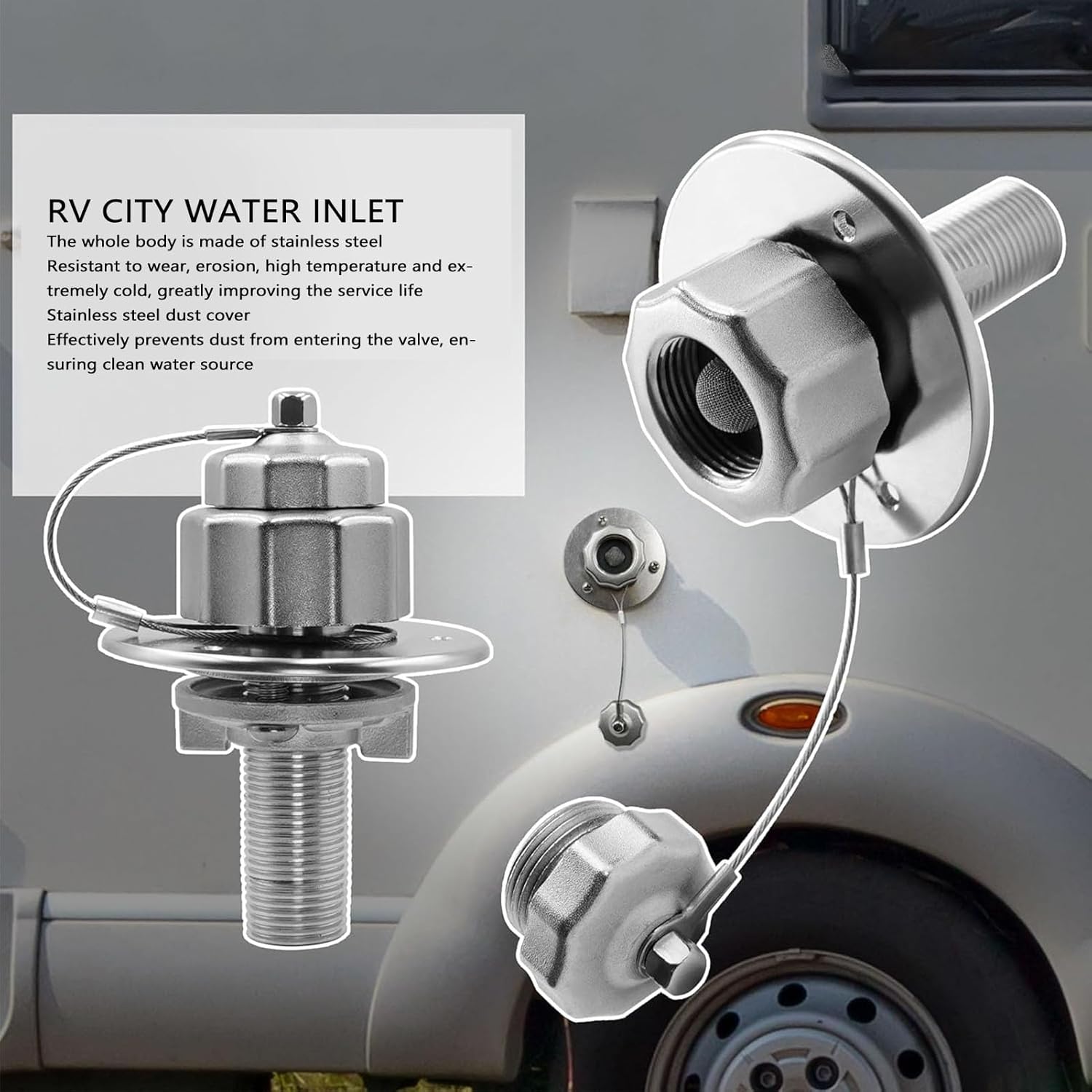 Metal RV City Water Inlet, RV Water Inlet Connection with Check Valve, RV City Water Fill Inlet Replacement Flange Fresh Water Inlet for Motorhome