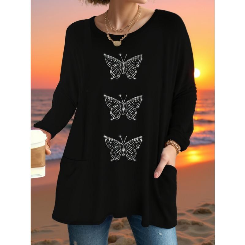 Plus size women s casual three butterflies hot diamond pockets long-sleeved T-shirt S