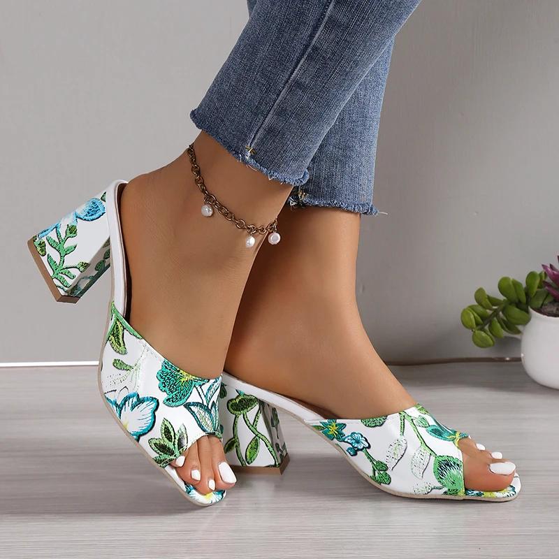 Womens Sandals Printed Summer 2024 New Thick-heeled Popular High-heeled Sexy All-match Half-slippers Open Toe Casual Basic Shoes