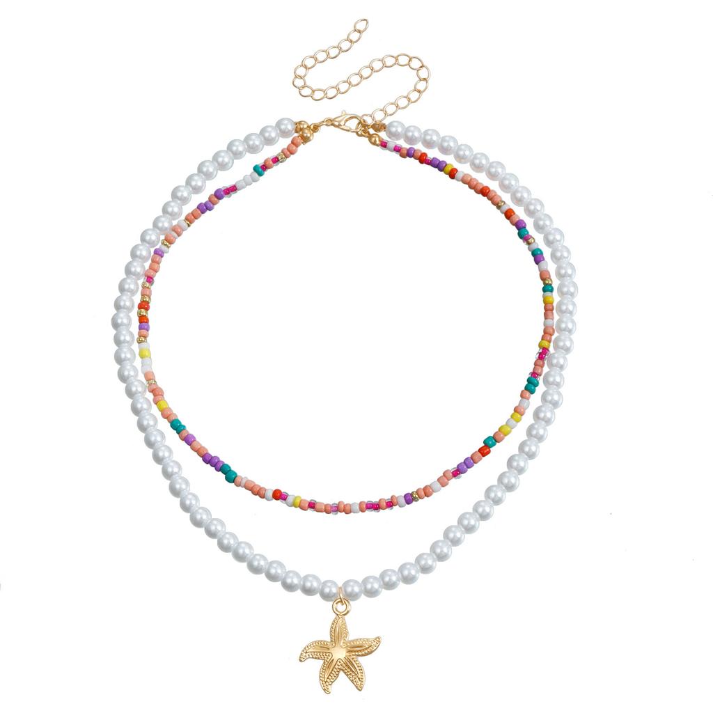 Bohemian Colored Rice Beads Imitation Pearl Double Shell Pendant Necklace Beaded Clavicle Chain
