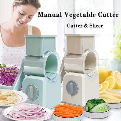 Cortador de Verduras Manual de Tambor con 3 Cuchillas Rebanador Multifuncional para Patata Zanahoria Ajo Rallador de Queso Giratorio Gadgets de Cocina