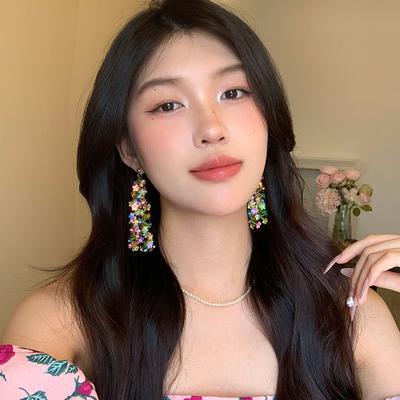 Dopamine Color Flower Fringed Earrings Women's Seaside Vacation Super Fairy Temperament Long Stud Earrings High-end Earrings