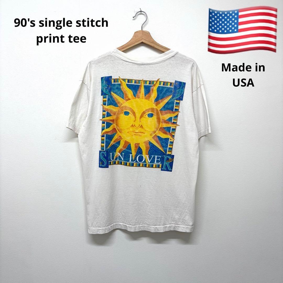 90s USA-made Vintage anvil Single Stitch Sun Print T-Shirt M