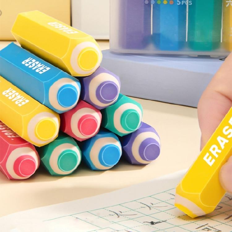 5 Stück bunte Bleistiftform-Radiergummis Ergonomische sechseckige Form Gummi-Radiergummis Schüler Schulausstattung zum Zeichnen Schreiben