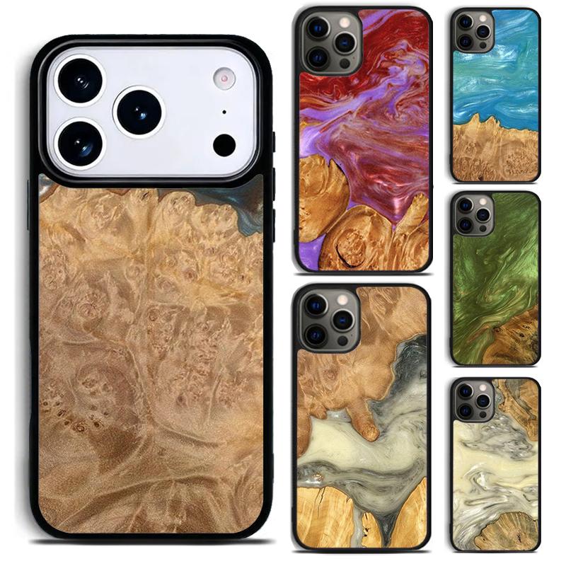 Luxury Wood Resin Protective Phone Case for iPhone 17 16 15 Pro Max Air 14 13 12 11 Plus Shockproof Capa Cover