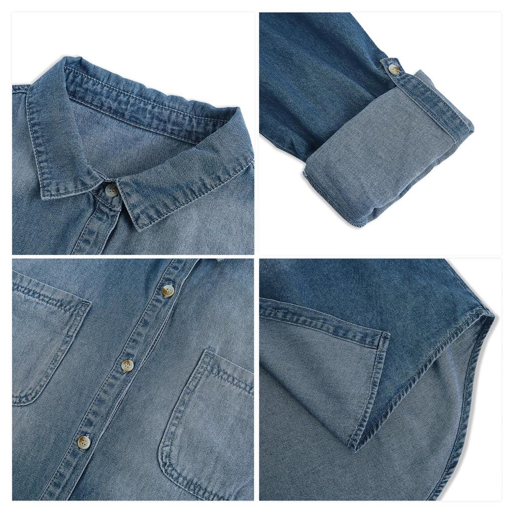 Damen Denim Button-Down Hemd Langarm Lässig Frühling Herbst Bluse Jacke mit Brusttaschen