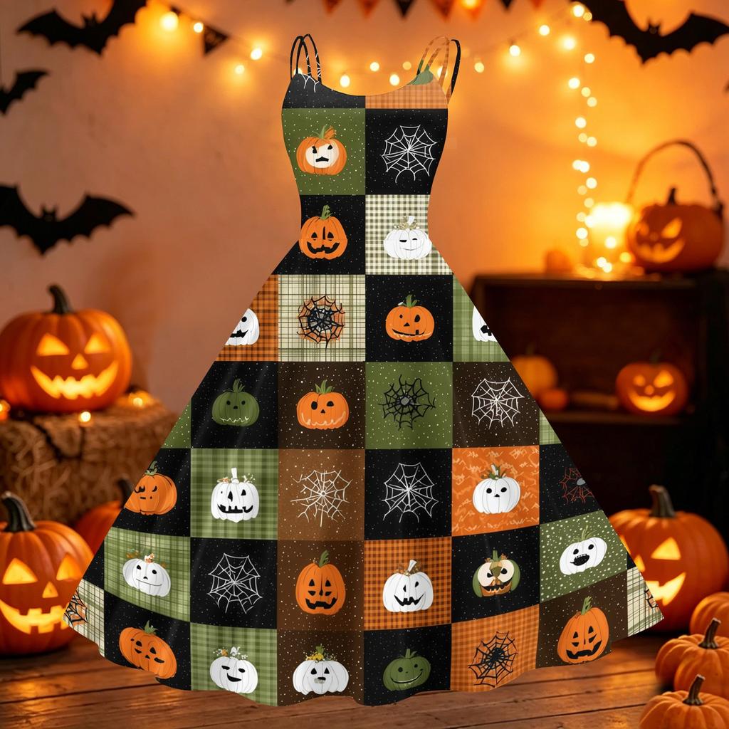 Womens Halloween Spider Web Pumpkin Print Off Shoulder Punk Vintage Dress Double Strap Sleeveless Flared Skirt Party Dress