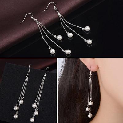 Qiaolanxuan Hypoallergenic Pearl Tassel Earrings - Korean Fashion, Silver Imitation, Long Ear Hook Design for Women