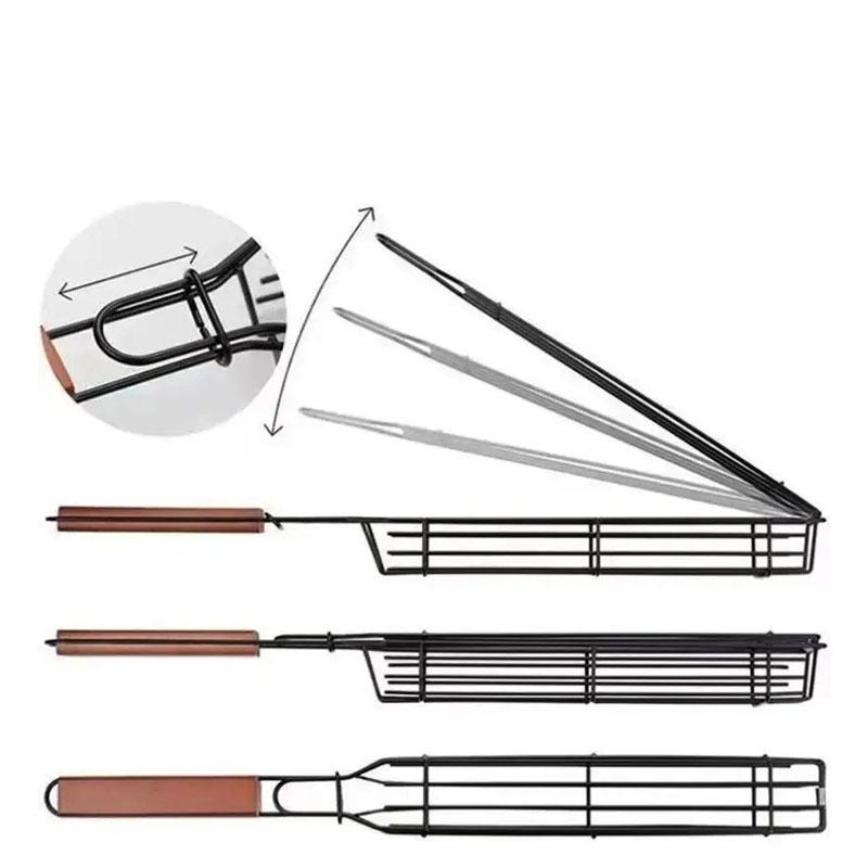 Non-Stick Kabob Grill Basket Carbon Steel with Wood Handles Portable BBQ Grilling Basket Outdoor Roasting Meat Accessories