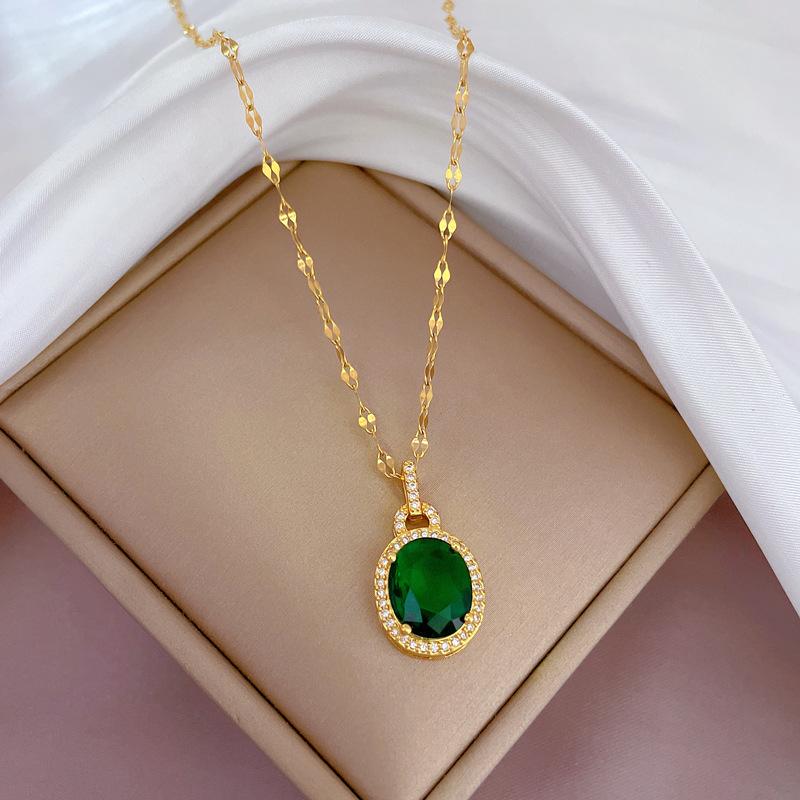

Stainless Steel Chain Classic Oval Crystal Zircon Pendant Necklace for Women Vintage Luxury Jewelry Gifts
