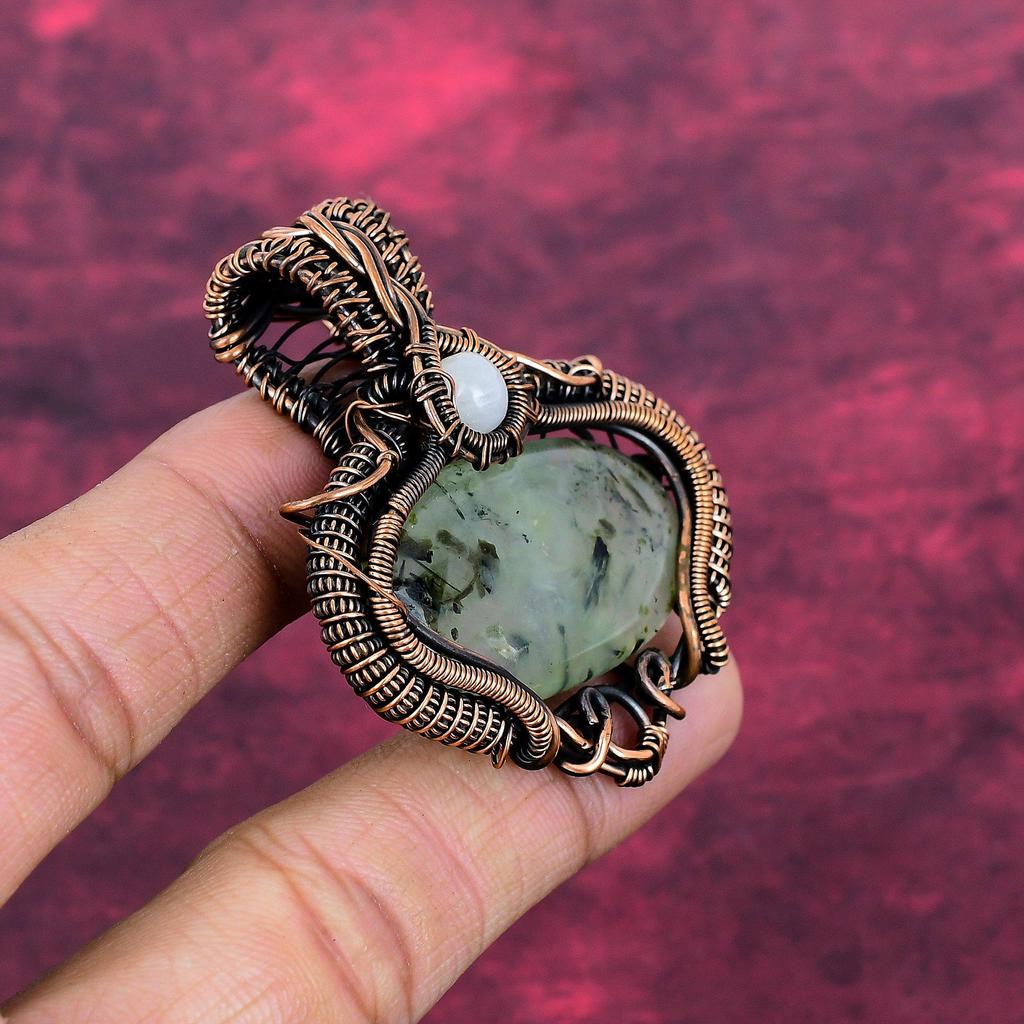 Moss Prehnite Pendant Copper Wire Wrapped Pendant Rainbow Moonstone Gemstone Jewelry
