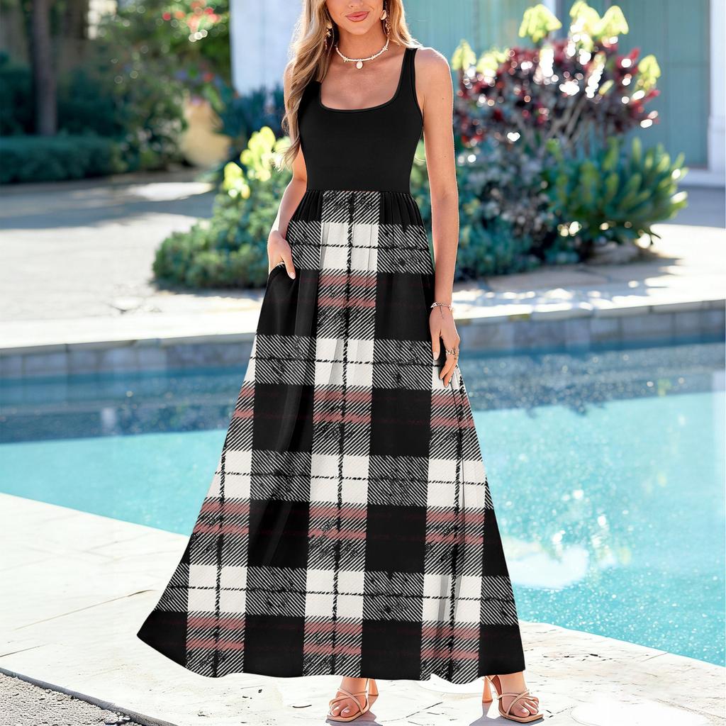 Ladies' Plaid Printed Summer Casual and Fashionable Sleeveless Long Dress
