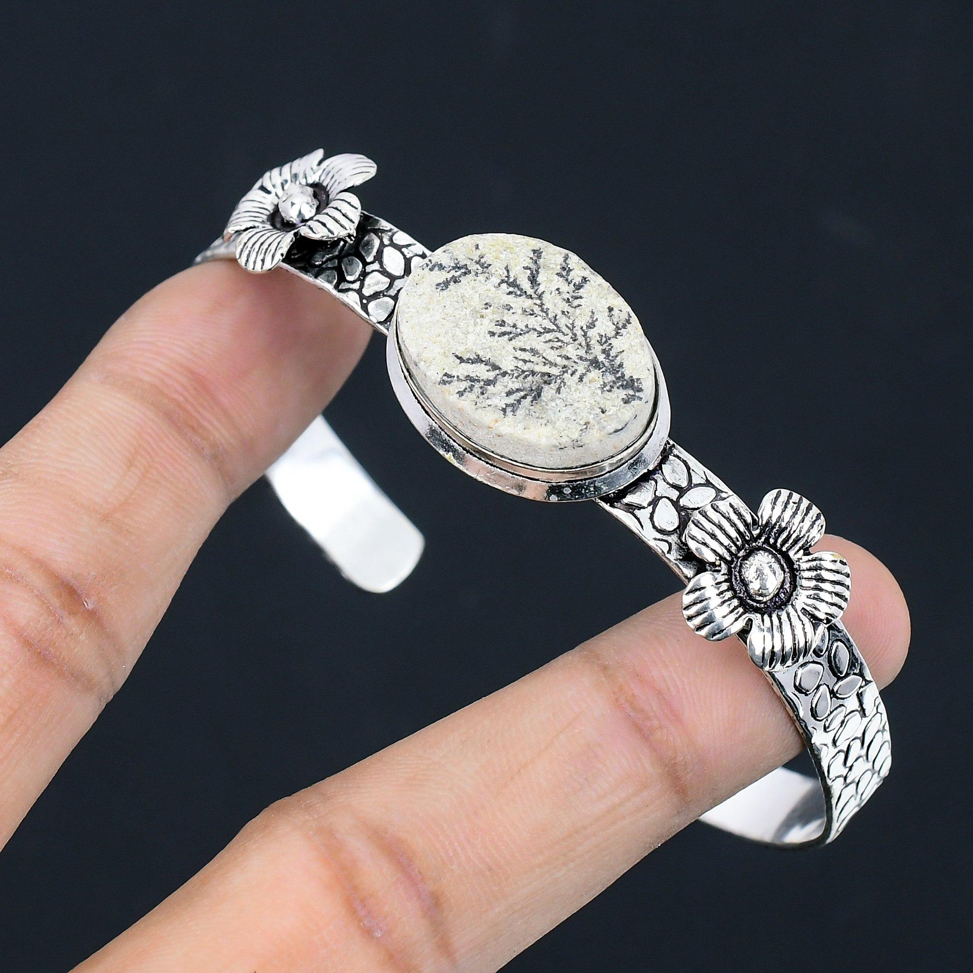 

925 Silver Oval Psilomelane Dendrite Stone Anniversary Flower Engagement Bangle Adjustable