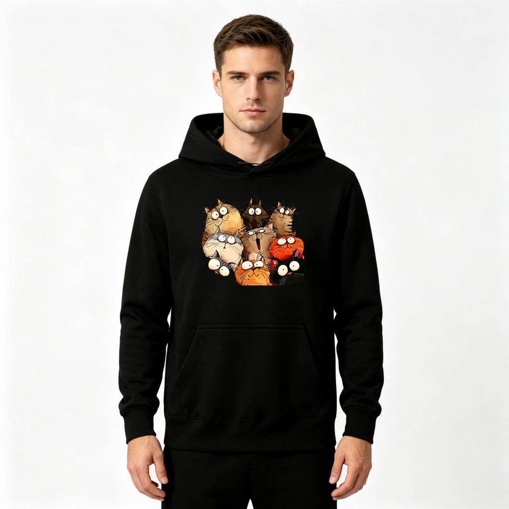 Men's Pullover Hoodie, Funny Cartoon Cat Group Print Casual Long Sleeve Hooded Sweatshirt for Daily Wear