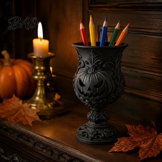Gothic Stationery Storage 3D Printed Pumpkin Pen Holder, Retro European Style Relief Desktop Art Ornament Organizer, Goblet Shape Organizer for Makeup