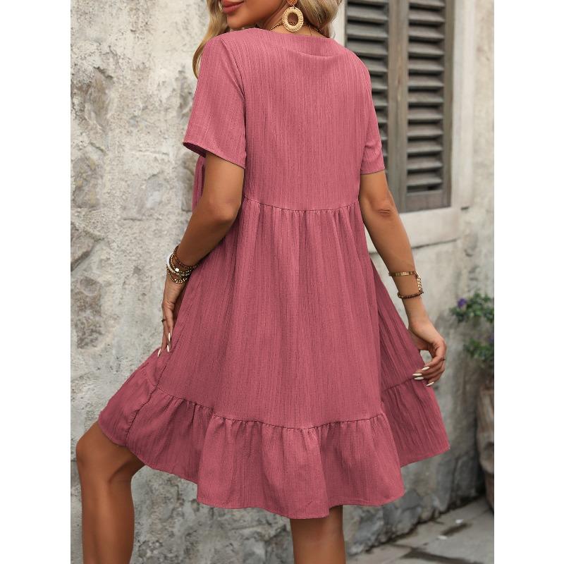 Women's Dress Summer Short Sleeve V Neck Loose Casual A Line Beach Vacation Dress Women Fashion Elegant Pleated Solid Color Ladies Bohemian Dresses
