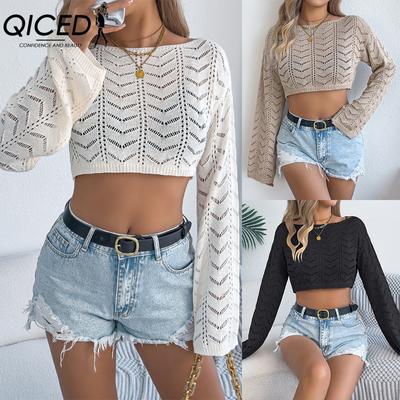 Spring Summer Solid-color Hollowed-out Flared Sleeve Casual Loose Knitted Sweater Vacation Crop Top Women's Wear