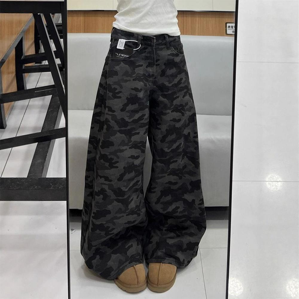 Vintage Dělej Staré Maskáčové Pracovní Oblečení Drapované Džíny Módní Pohodlné Všestranné Dámské Niche Volné Vlečné Kalhoty Džíny pro Ženy Dlouhé Džínové Kalhoty