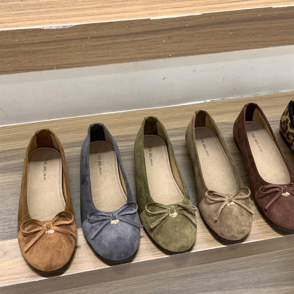 Inner Height Increase Retro Suede Round Head Ballet Single Shoes Women's Shoes 2025 New Autumn Leopard Print Bow Evening Shoes